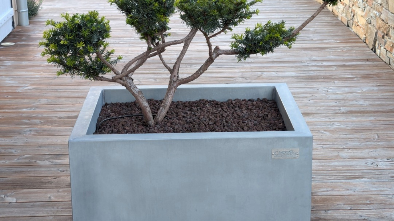 Bac a fleur intégré dans un terrasse bois avec système d’arrosage automatique. 69 (Rhône)